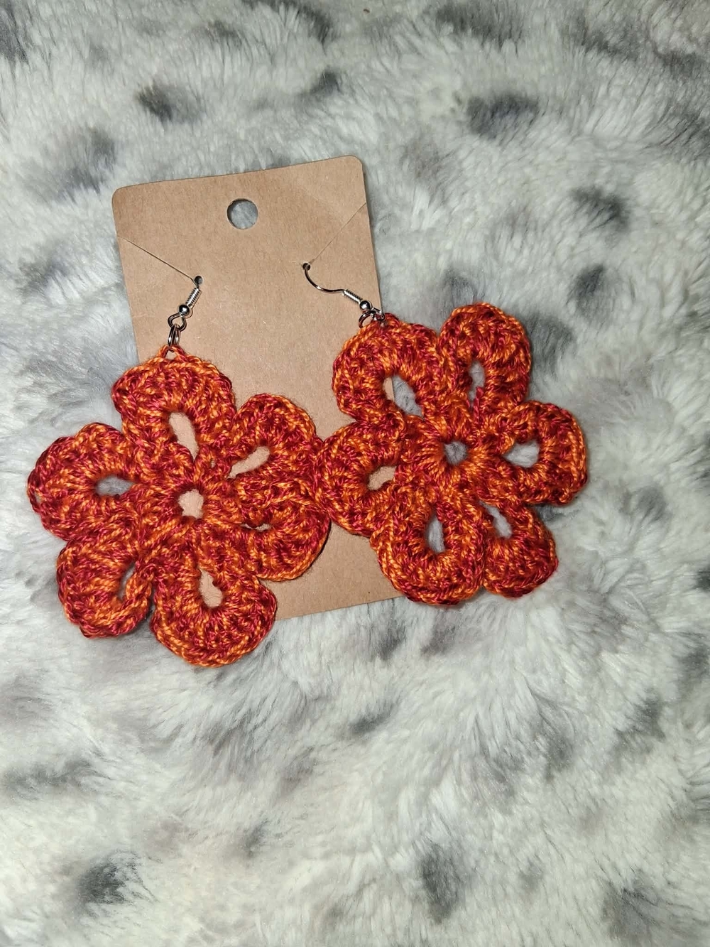 Handmade Orange Crocheted Flower Drop Earrings